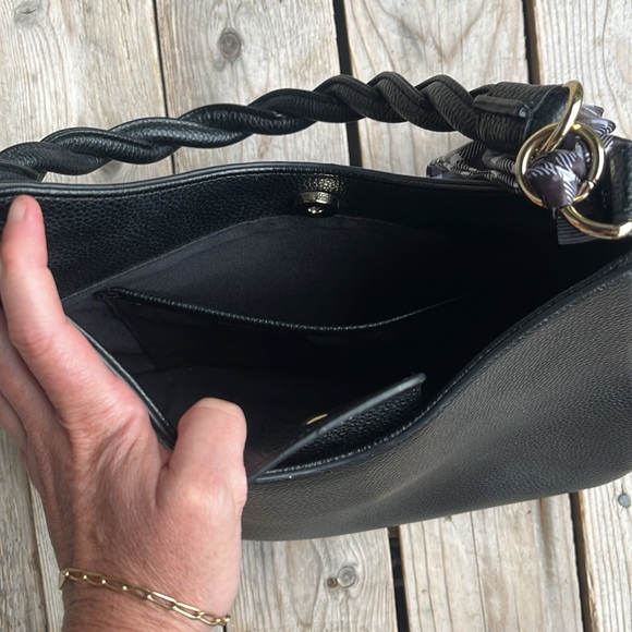 Nanette Lepore Vegan Leather “Annette” Shoulder Bag - Black With Checkered Scarf - Picture 8 of 13